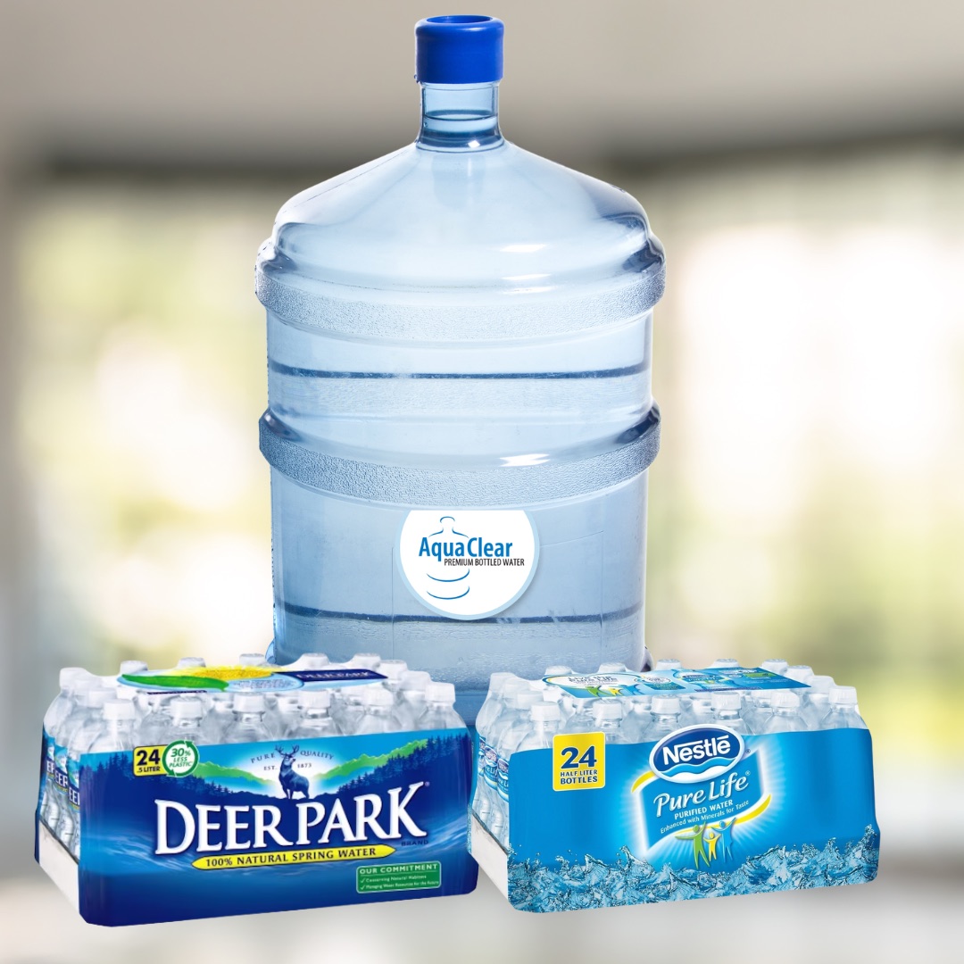 AquaClear five-gallon bottle and cases of purified bottled water